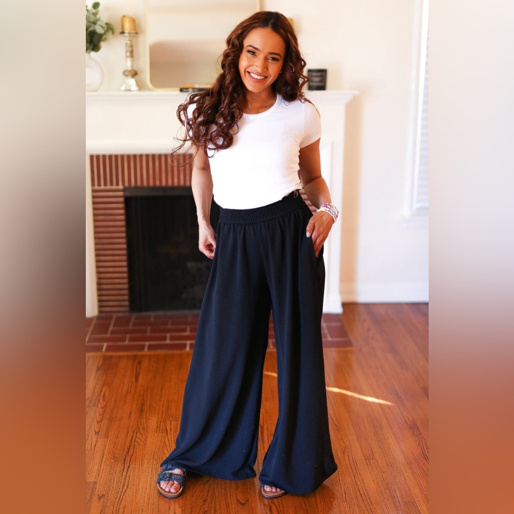 Everyday Black Smocked Waist Palazzo Pants NEW